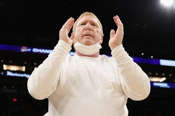 Las Vegas Raiders owner and managing general partner and Las Vegas Aces owner Mark Davis cheers during the second half in Game Four of the 2021 WNBA...