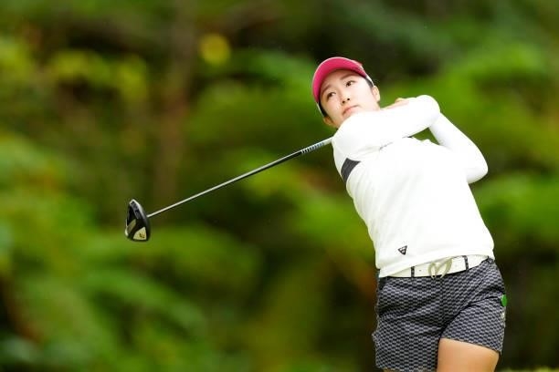 Miyu Abe of Japan hits her tee shot on the 2nd hole during the first round of Kanehide Miyarabi Open at the Kanehide Kise Country Club on October 7,...