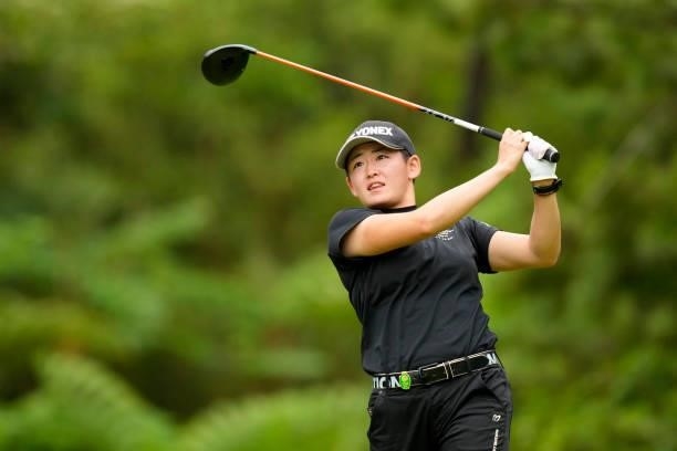 Akie Iwai of Japan hits her tee shot on the 2nd hole during the first round of Kanehide Miyarabi Open at the Kanehide Kise Country Club on October 7,...