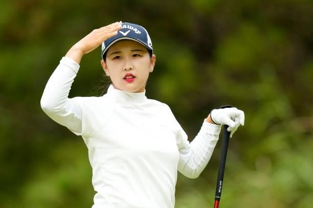 Hana Lee of South Korea reacts after her tee shot on the 2nd hole during the first round of Kanehide Miyarabi Open at the Kanehide Kise Country Club...