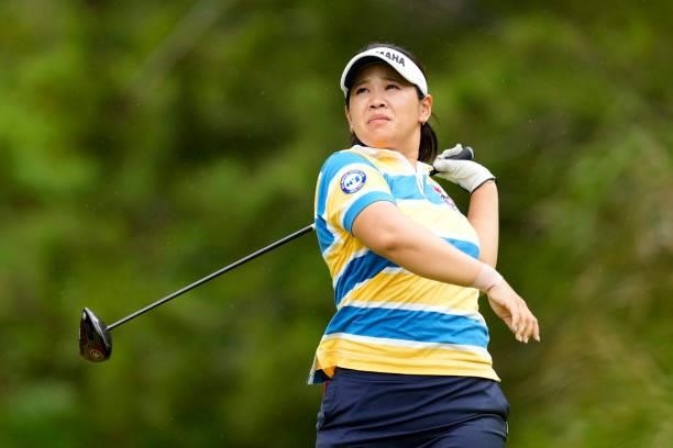 Ayaka Morioka of Japan hits her tee shot on the 2nd hole during the first round of Kanehide Miyarabi Open at the Kanehide Kise Country Club on...