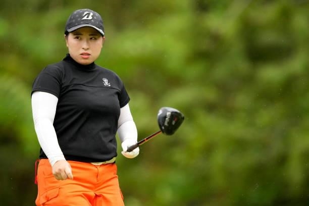Yuri Okuyama of Japan reacts after her tee shot on the 2nd hole during the first round of Kanehide Miyarabi Open at the Kanehide Kise Country Club on...