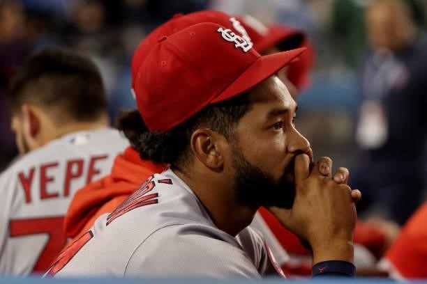 Jose Rondon of the St. Louis Cardinals reacts to their 3 to 1 loss to the Los Angeles Dodgers during the National League Wild Card Game at Dodger...