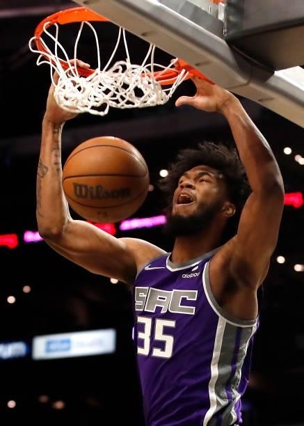 Marvin Bagley III of the Sacramento Kings dunks the ball during the fourth quarter of the preseason game against the Los Angeles Clippers at Staples...