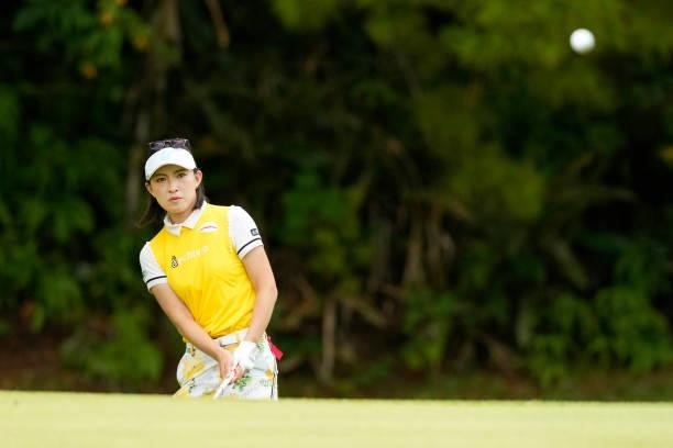 Momoko Uete of Japan chips onto the 2nd green during the first round of Kanehide Miyarabi Open at the Kanehide Kise Country Club on October 7, 2021...
