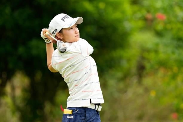 Ami Hirai of Japan hits her tee shot on the 3rd hole during the first round of Kanehide Miyarabi Open at the Kanehide Kise Country Club on October 7,...