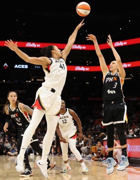 Diana Taurasi of the Phoenix Mercury attempts a shot over Kiah Stokes of the Las Vegas Aces during the second half in Game Four of the 2021 WNBA...