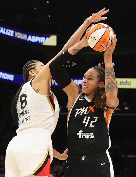Brittney Griner of the Phoenix Mercury attempts a shot against Liz Cambage of the Las Vegas Aces during the second half in Game Four of the 2021 WNBA...