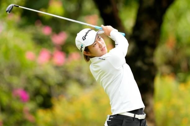 Erina Nakanishi of Japan hits her tee shot on the 3rd hole during the first round of Kanehide Miyarabi Open at the Kanehide Kise Country Club on...