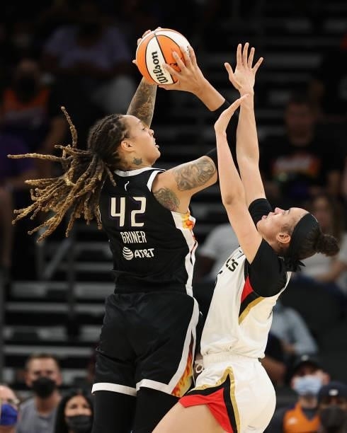 Brittney Griner of the Phoenix Mercury shoots over Dearica Hamby of the Las Vegas Aces during the first half in Game Four of the 2021 WNBA semifinals...