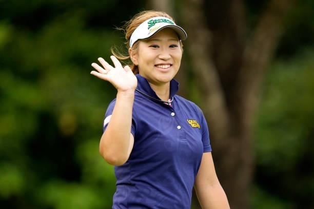 Sakura Kito of Japan waves on the 4th hole during the first round of Kanehide Miyarabi Open at the Kanehide Kise Country Club on October 7, 2021 in...