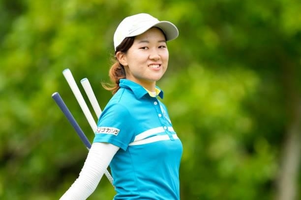 Ayano Nitta of Japan smiles on the 4th hole during the first round of Kanehide Miyarabi Open at the Kanehide Kise Country Club on October 7, 2021 in...