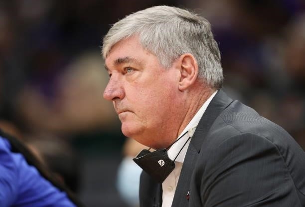 Head coach Bill Laimbeer of the Las Vegas Aces looks on during the first half in Game Four of the 2021 WNBA semifinals at Footprint Center on October...