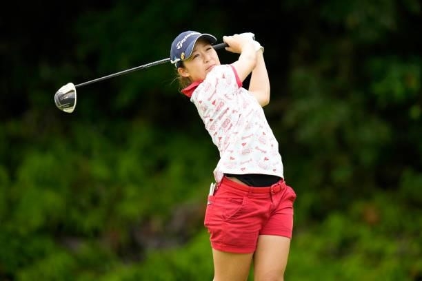 Akane Yoshino of Japan hits her tee shot on the 4th hole during the first round of Kanehide Miyarabi Open at the Kanehide Kise Country Club on...