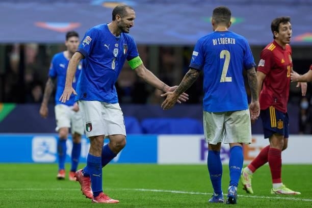 Giorgio Chiellini and Giovanni Di Lorenzo of Italy reacts during the UEFA Nations League 2021 Semi-final match between Italy and Spain at the...