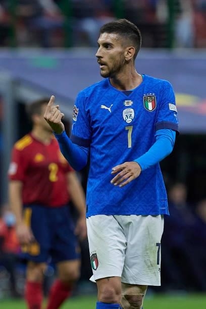 Lorenzo Pellegrini of Italy reacts during the UEFA Nations League 2021 Semi-final match between Italy and Spain at the Giuseppe Meazza Stadium on...