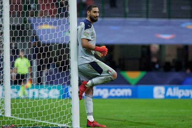 Gianluigi Donnarumma of Italy smiles during the UEFA Nations League 2021 Semi-final match between Italy and Spain at the Giuseppe Meazza Stadium on...