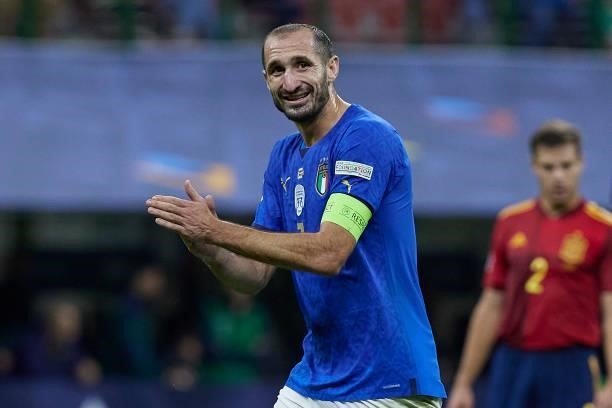 Giorgio Chiellini of Italy reacts during the UEFA Nations League 2021 Semi-final match between Italy and Spain at the Giuseppe Meazza Stadium on...