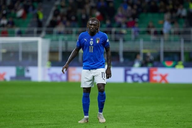 Moise Kean of Italy looks on during the UEFA Nations League 2021 Semi-final match between Italy and Spain at the Giuseppe Meazza Stadium on October...