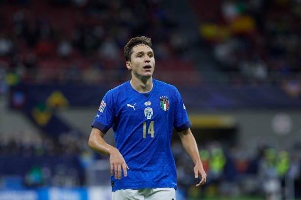 Federico Chiesa of Italy looks on during the UEFA Nations League 2021 Semi-final match between Italy and Spain at the Giuseppe Meazza Stadium on...