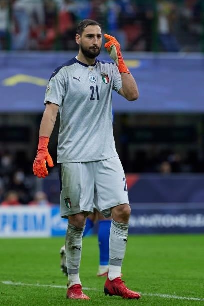 Gianluigi Donnarumma of Italy reacts during the UEFA Nations League 2021 Semi-final match between Italy and Spain at the Giuseppe Meazza Stadium on...