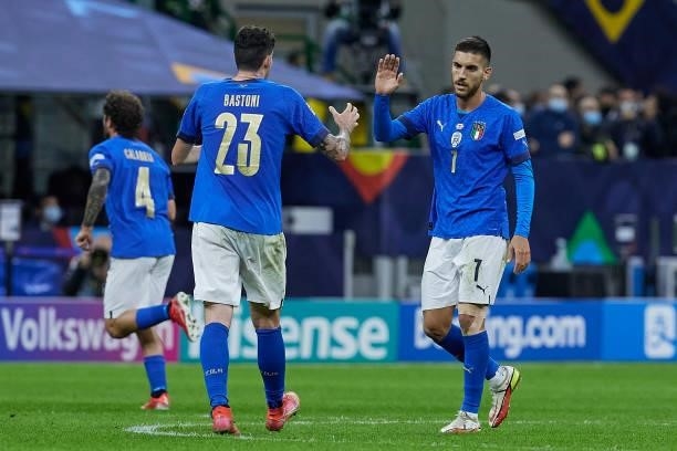 Lorenzo Pellegrini and Alessandro Bastoni of Italy reacts during the UEFA Nations League 2021 Semi-final match between Italy and Spain at the...