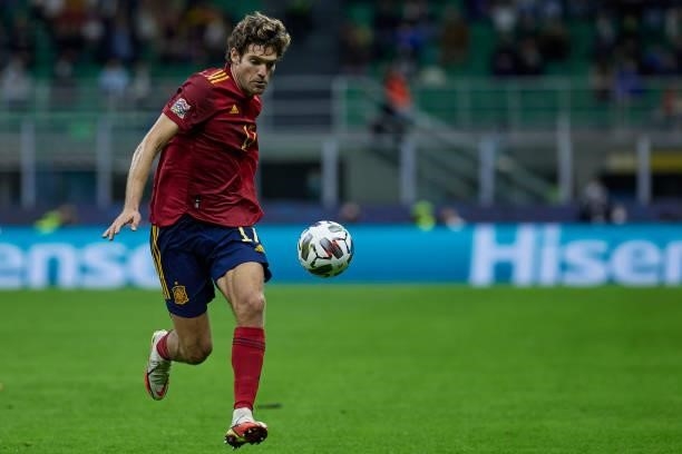 Marcos Alonso of Spain in action during the UEFA Nations League 2021 Semi-final match between Italy and Spain at the Giuseppe Meazza Stadium on...