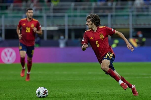 Bryan Gil of Spain in action during the UEFA Nations League 2021 Semi-final match between Italy and Spain at the Giuseppe Meazza Stadium on October...