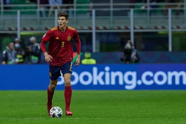 Pau Torres of Spain in action during the UEFA Nations League 2021 Semi-final match between Italy and Spain at the Giuseppe Meazza Stadium on October...