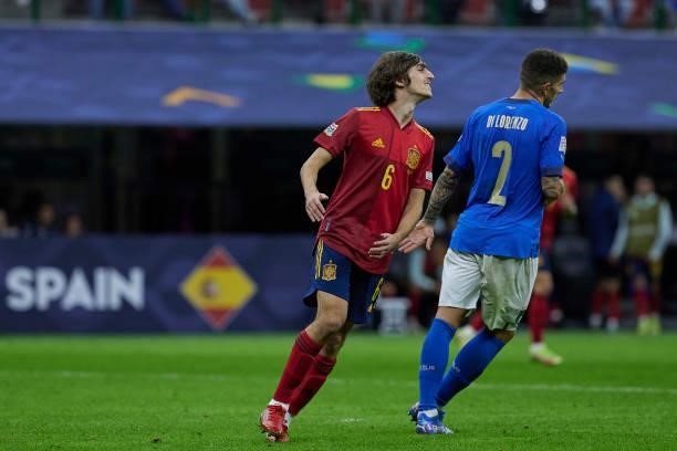 Bryan Gil of Spain reacts during the UEFA Nations League 2021 Semi-final match between Italy and Spain at the Giuseppe Meazza Stadium on October 06,...