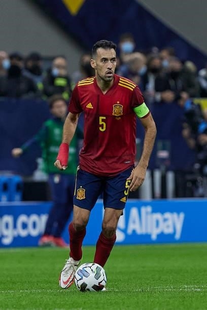 Sergio Busquets of Spain in action during the UEFA Nations League 2021 Semi-final match between Italy and Spain at the Giuseppe Meazza Stadium on...