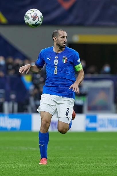 Giorgio Chiellini of Italy looks on during the UEFA Nations League 2021 Semi-final match between Italy and Spain at the Giuseppe Meazza Stadium on...
