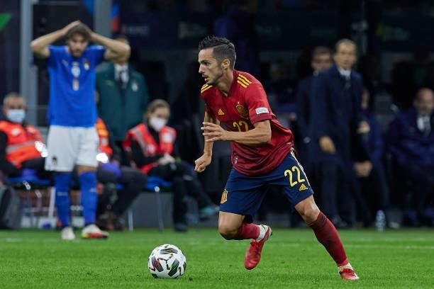 Pablo Sarabia of Spain in action during the UEFA Nations League 2021 Semi-final match between Italy and Spain at the Giuseppe Meazza Stadium on...