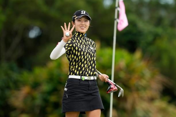 Mei Takagi of Japan poses after holing out with the birdie on the 9th green during the first round of Kanehide Miyarabi Open at the Kanehide Kise...