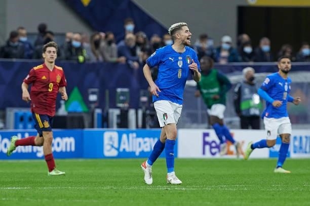 Jorginho of Italy reacts during the UEFA Nations League 2021 Semi-final match between Italy and Spain at the Giuseppe Meazza Stadium on October 06,...