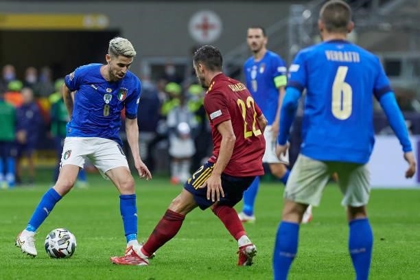 Jorginho of Italy in action during the UEFA Nations League 2021 Semi-final match between Italy and Spain at the Giuseppe Meazza Stadium on October...
