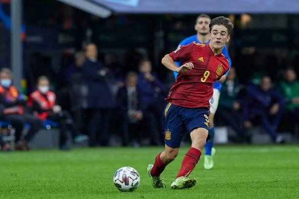 Gavi of Spain in action during the UEFA Nations League 2021 Semi-final match between Italy and Spain at the Giuseppe Meazza Stadium on October 06,...
