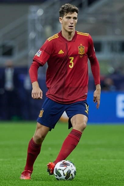 Pau Torres of Spain runs with the ball during the UEFA Nations League 2021 Semi-final match between Italy and Spain at the Giuseppe Meazza Stadium on...