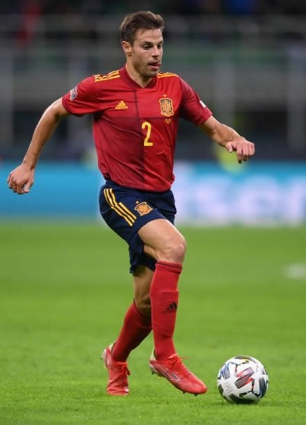 Cesar Azpilicueta of Spain runs with the ball during the UEFA Nations League 2021 Semi-final match between Italy and Spain at Giuseppe Meazza Stadium...