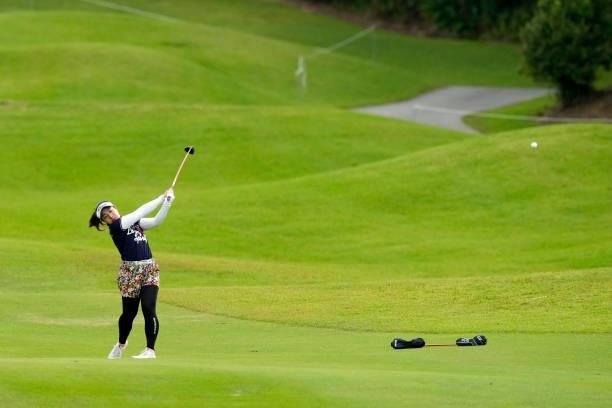 Mika Nakazono of Japan hits her second shot on the 9th hole during the first round of Kanehide Miyarabi Open at the Kanehide Kise Country Club on...