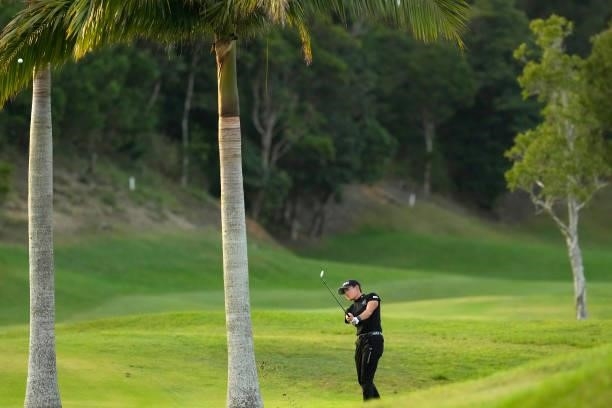 Akie Iwai of Japan plays a shot on the 18th hole during the first round of Kanehide Miyarabi Open at the Kanehide Kise Country Club on October 7,...