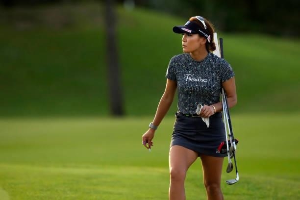Eri Joma of Japan is seen on the 18th hole during the first round of Kanehide Miyarabi Open at the Kanehide Kise Country Club on October 7, 2021 in...