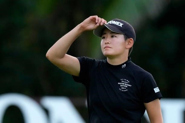 Akie Iwai of Japan is seen on the 18th hole during the first round of Kanehide Miyarabi Open at the Kanehide Kise Country Club on October 7, 2021 in...