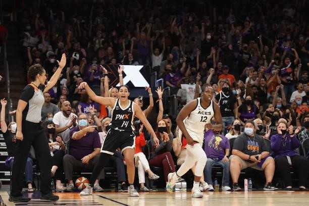 Bria Hartley of the Phoenix Mercury reacts after making a three-point shot over Chelsea Gray of the Las Vegas Aces during the second half in Game...