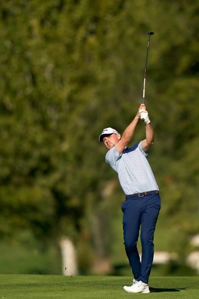 Jeff Winther of Denmark plays a shot during Day One of The Acciona Open de Espana at Club de Campo Villa de Madrid on October 07, 2021 in Madrid,...