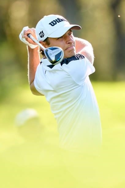 Joakim Lagergren of Sweden plays a shot during Day One of The Acciona Open de Espana at Club de Campo Villa de Madrid on October 07, 2021 in Madrid,...