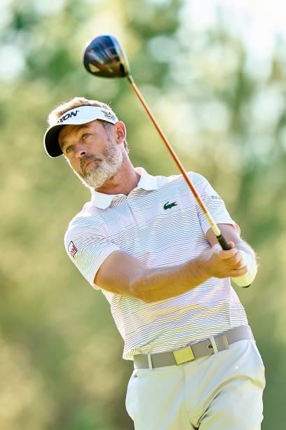 Raphael Jacquelin of France plays a shot during Day One of The Acciona Open de Espana at Club de Campo Villa de Madrid on October 07, 2021 in Madrid,...