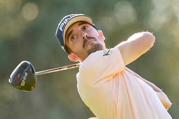Alfonso Buendia of Spain plays a shot during Day One of The Acciona Open de Espana at Club de Campo Villa de Madrid on October 07, 2021 in Madrid,...