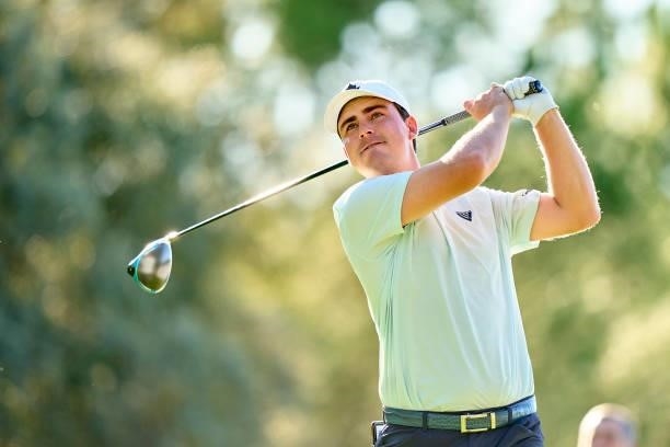 Austin Connelly of Canada plays a shot during Day One of The Acciona Open de Espana at Club de Campo Villa de Madrid on October 07, 2021 in Madrid,...