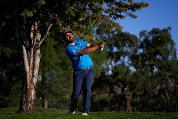 Romain Langasque of France plays a shot during Day One of The Open de Espana at Club de Campo Villa de Madrid on October 07, 2021 in Madrid, Spain.